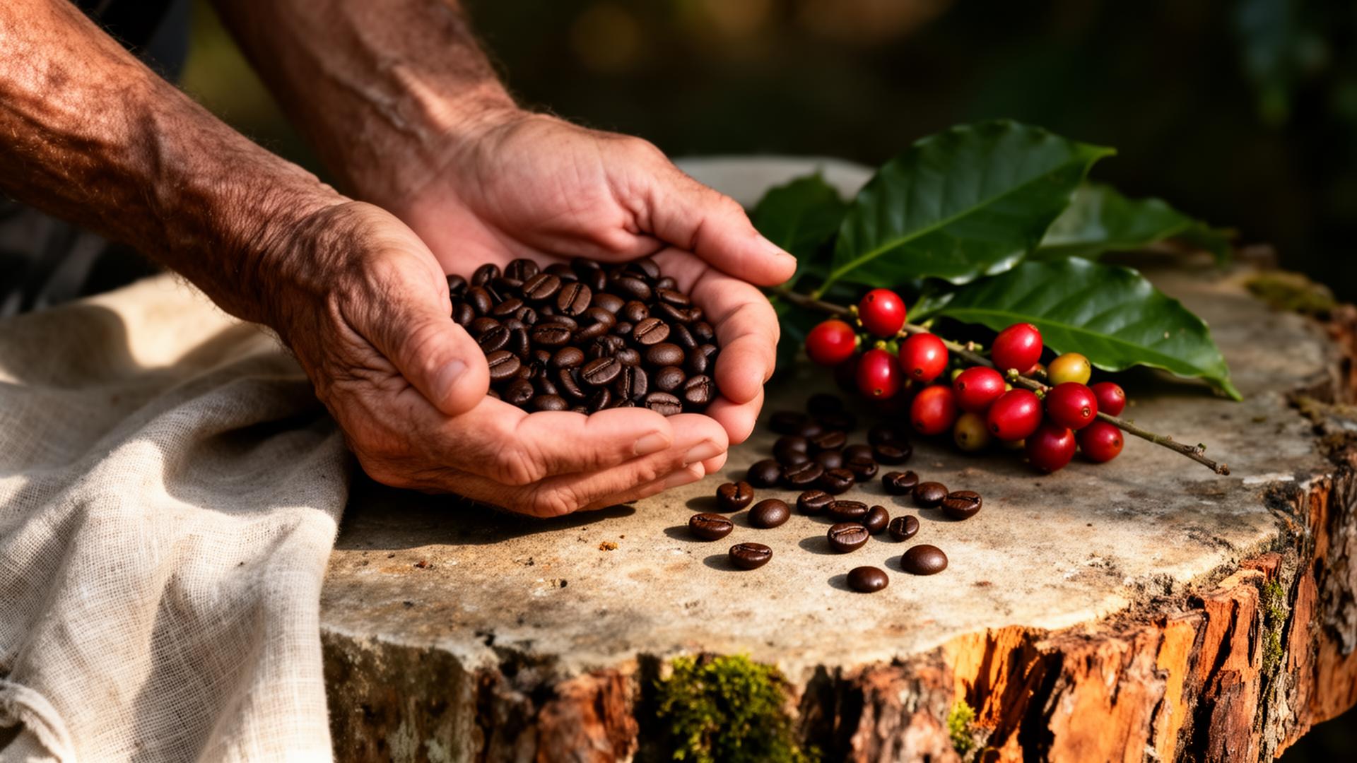 Weathered hands cradling freshly roasted coffee beans beside ripe red coffee cherries on a moss-edged stone slab