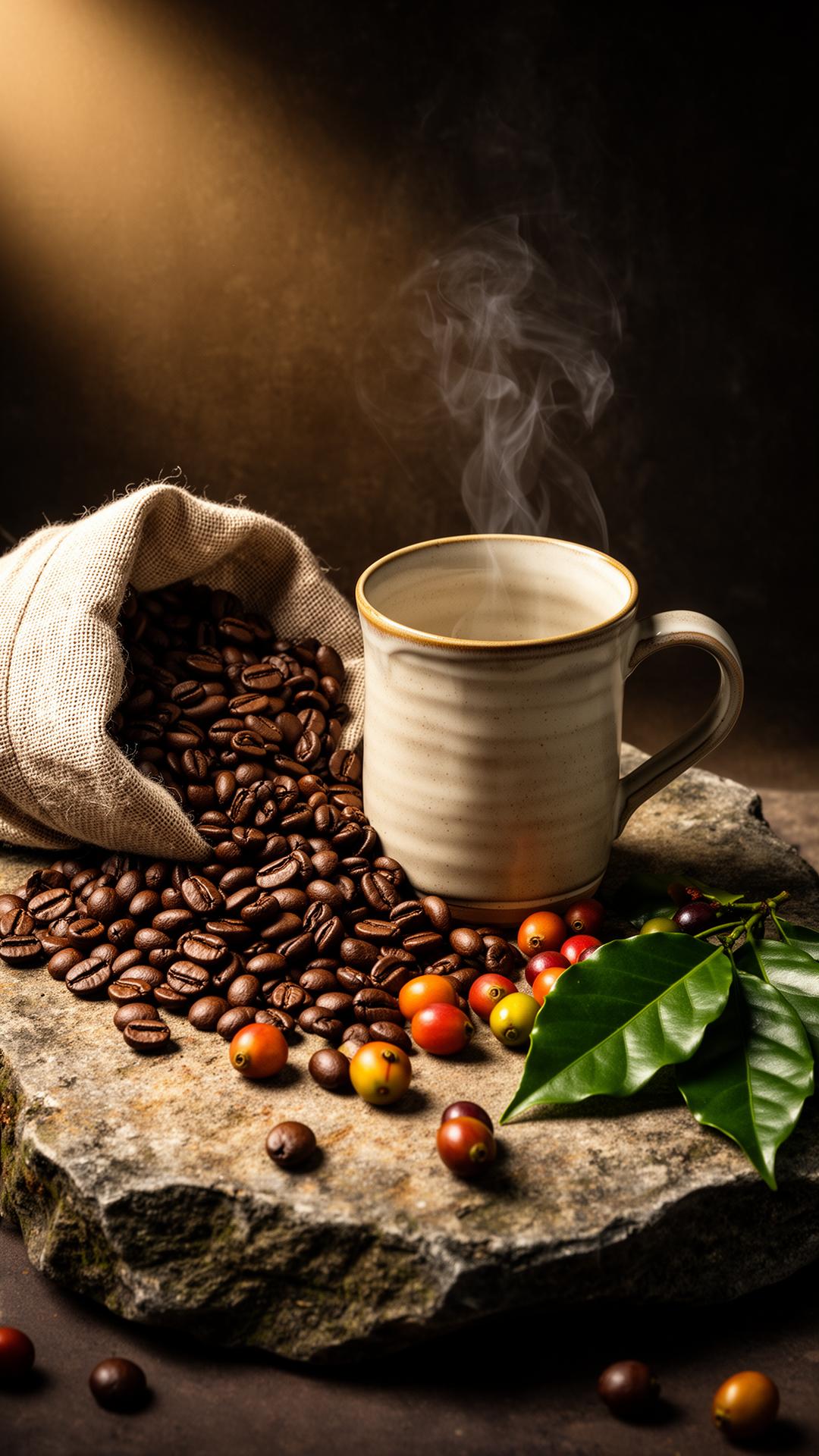 Freshly roasted coffee beans spilling from a linen sack beside a steaming hand-thrown ceramic mug, coffee cherries and green leaves on a weathered stone slab