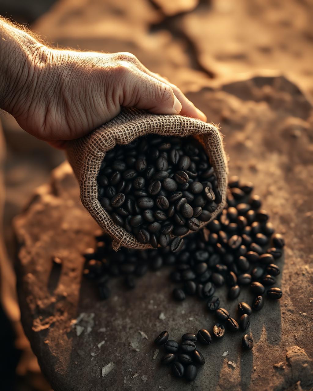 Hand pouring freshly roasted coffee beans from a burlap sack onto a weathered stone slab